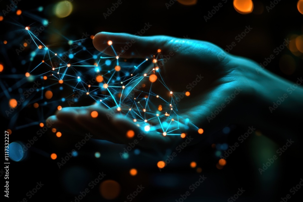 Poster a hand interacts with a network of glowing nodes, symbolizing connection and technology.