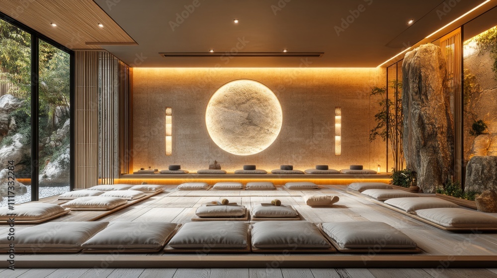 Aufkleber a calming meditation space features soft floor cushions, a circular wall design, and natural light f