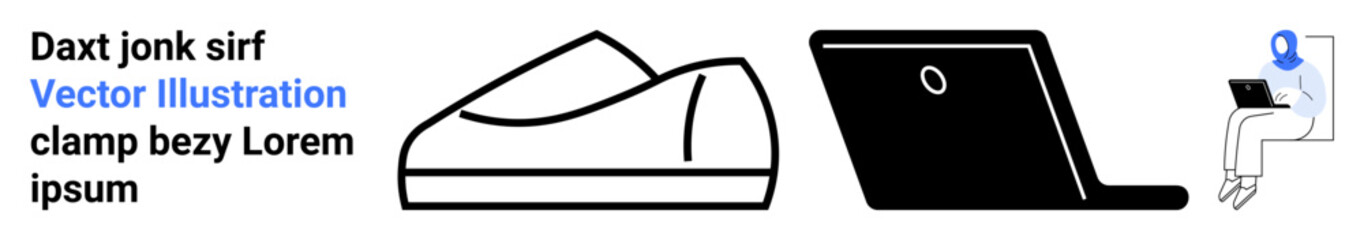 Text elements, a minimalistic shoe, a laptop, and a person using a laptop with a headset. Ideal for business, remote work, technology, minimalism, communication, professional workspace, productivity
