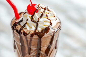 A delicious chocolate milkshake topped with whipped cream and a cherry.
