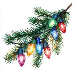 Watercolor painting of colorful Christmas lights draped over a pine branch, on isolated white background