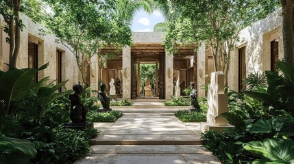Fototapeta premium Serene pathway lined with sculptures and lush greenery in a tranquil outdoor setting.