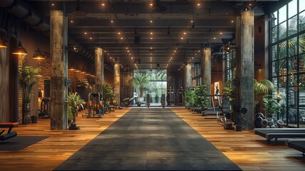 A spacious, well equipped modern gym with floor to ceiling windows offering an inspiring cityscape view during workouts.