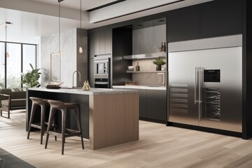 Fototapeta premium Modern Kitchen Island Design with Dark Cabinets and Wood Accents