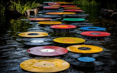 Colorful vinyl records float on a tranquil pond in a serene outdoor environment during the daytime