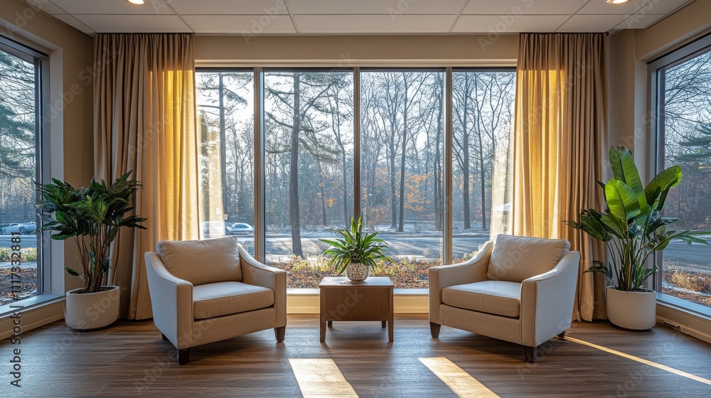 Poster two comfortable armchairs are positioned near large windows that allow natural light to fill the ser