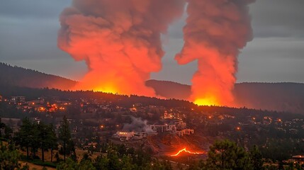 volcano with thick smoke and ash billowing into the sky, with lava flows visible on the slopes. Volcanic eruption 