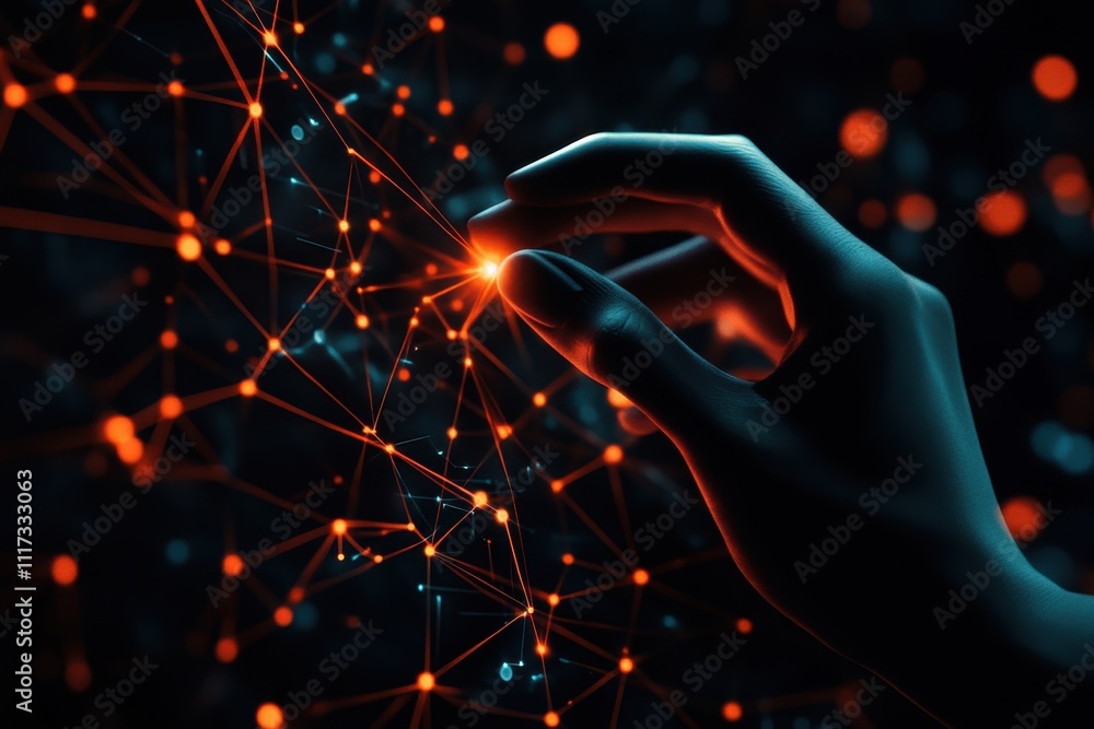 Poster a hand interacts with a network of glowing nodes, symbolizing connectivity and technology.