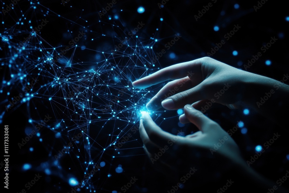 Poster hands interacting with a digital network, symbolizing connection and technology.