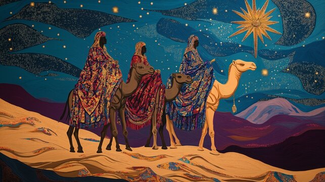 A vibrant, desert-night scene showing the three Magi following the Star of Bethlehem, their robes adorned with intricate patterns