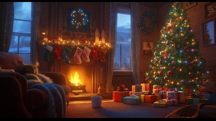 A warm living room where rolls of wrapping paper, scissors, and ribbon are spread out on the floor.