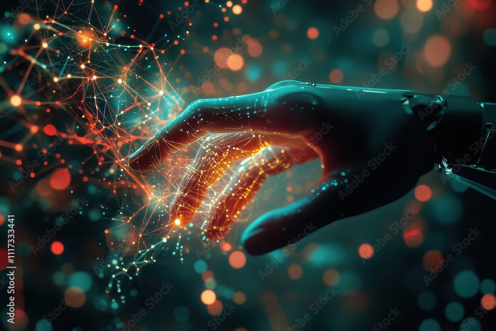 Poster a robotic hand reaching towards a network of glowing connections and particles.