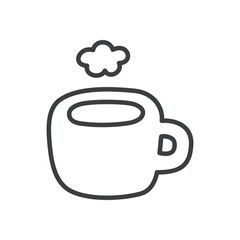 Kawaii coffee cup icon. Hand drawn monochrome illustration of a steamed mug of hot drink isolated on a white background. Vector 10 EPS.