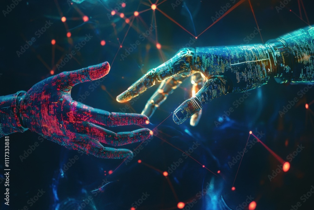 Poster two robotic hands reaching towards each other, symbolizing connection and technology.