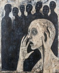 A figure in distress surrounded by shadowy silhouettes.