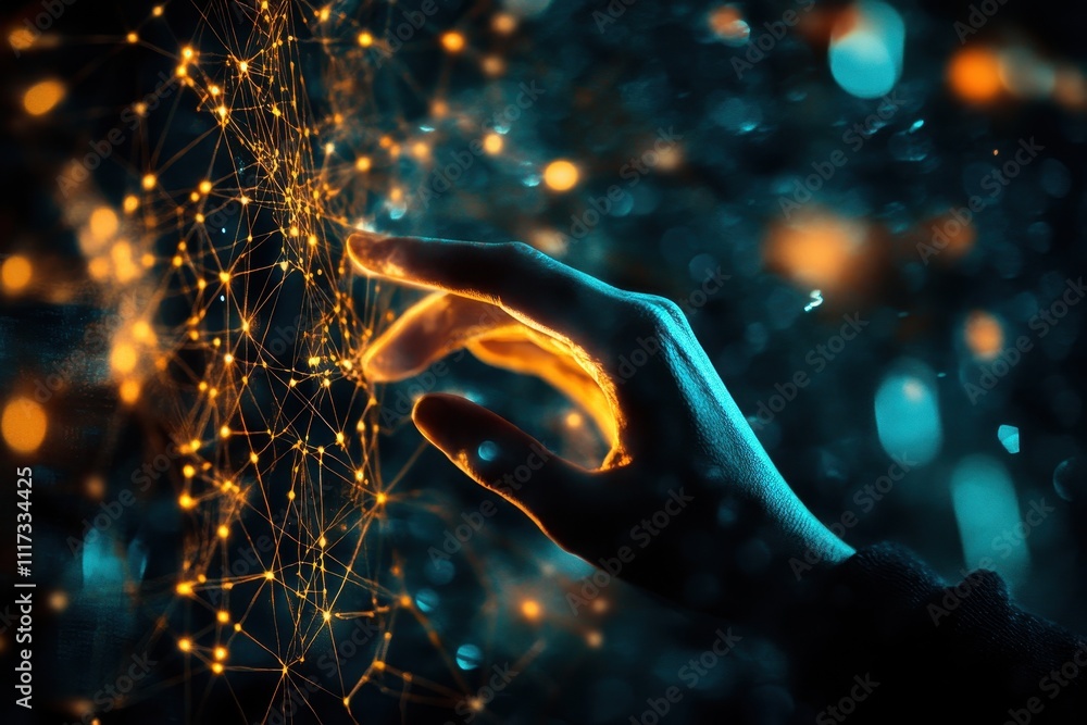 Aufkleber a hand reaching towards a glowing network of interconnected nodes, symbolizing technology and connec