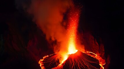 dramatic shot of a volcano erupting at night, with a fiery red lava flow illuminating the dark sky. Volcanic eruption 