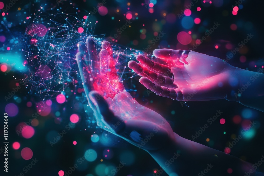 Poster hands emanating colorful light and particles, symbolizing creativity and connection.