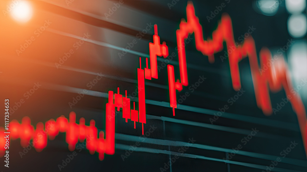 Poster a close-up view of a fluctuating stock market graph showcasing red decline in values.