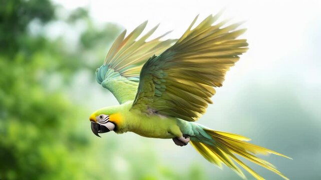 A vibrant parrot with yellow and green feathers glides gracefully through a lush tropical environment. Sunlight illuminates its stunning colors as it interacts with the natural surroundings