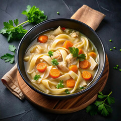A steaming bowl of chicken noodle soup, filled with tender chicken, noodles