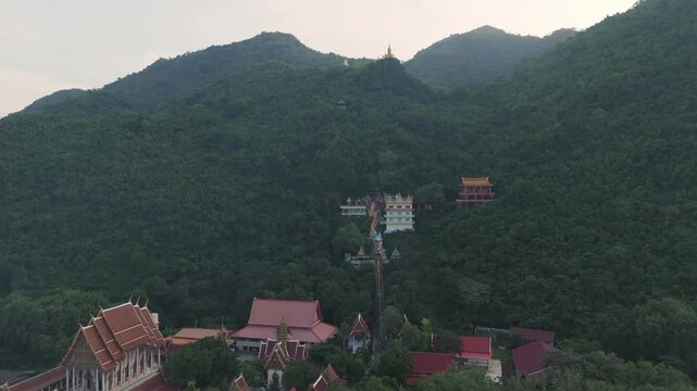 Drone reveal hidden Wat Ban Tham temple Mountain Valley of Thailand Kanchanaburi