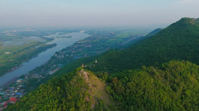 Aerial River Panoramic fly at Kanchanaburi Thailand Green Mountains, Town nature in Foggy Skyline