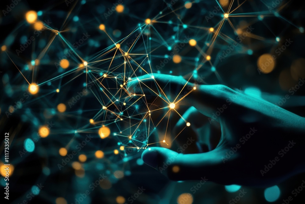 Poster a hand reaching towards a network of interconnected nodes and lines, symbolizing technology and conn