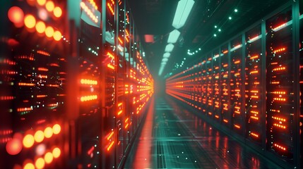 A futuristic data center with rows of servers and fiber optic cables