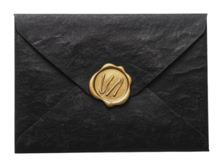Elegant black envelope with wax seal on surface, cut out - stock png.
