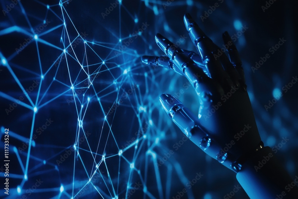 Aufkleber a robotic hand interacts with a glowing network of interconnected lines, symbolizing technology.