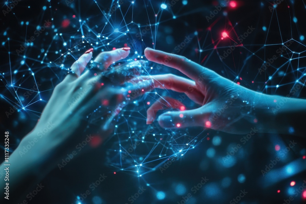 Poster a digital representation of interconnected hands symbolizing technology and connection.