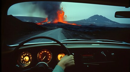 photo of a volcanic eruption captured through a window or windshield, creating a sense of immediacy and danger. Volcanic eruption 