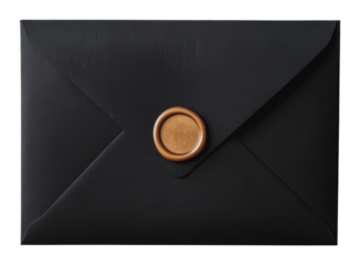Elegant black envelope with a wax seal closure, cut out - stock png.