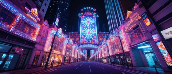 A vibrant street adorned with colorful lights, showcasing festive decorations and urban nightlife.