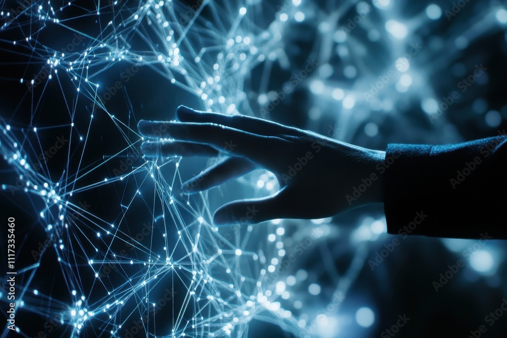 Poster a hand reaching towards a digital network of interconnected nodes and lines.