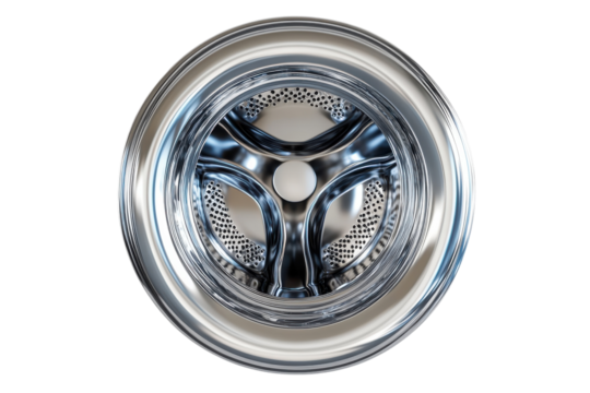 Shiny metallic washing machine drum viewed from above showcasing intricate design and reflective surfaces