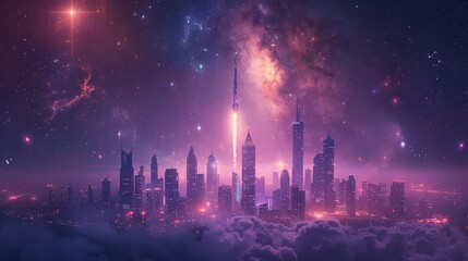 Synthwave city in space with planets in the background for wallpaper, banners, artistic prints