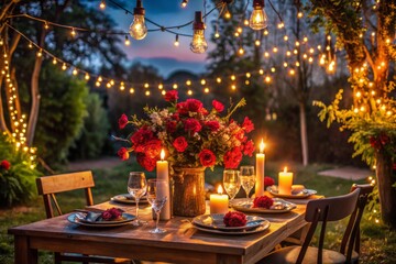 Romantic Valentine’s Day Dinner Under the Stars with Twinkling Fairy Lights, Candlelit Table Settings, and Beautiful Floral Arrangements in a Cozy Outdoor Setting