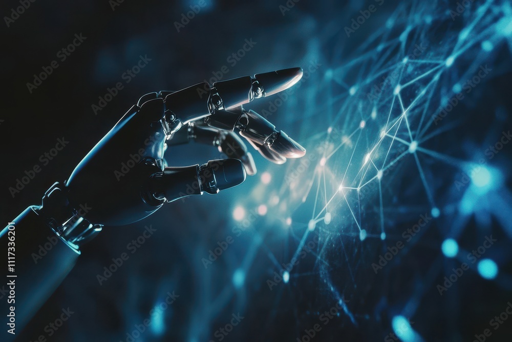 Poster a robotic hand reaching towards a digital network, symbolizing technology and connection.
