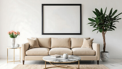 Comfortable sofas and pictures on wall in living room. 
