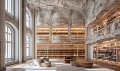 Elegant library interior with ornate architecture and cozy seating areas.
