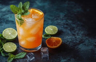 Refreshing orange cocktail with ice, mint, and lime on wooden background