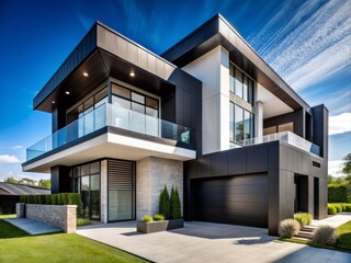 Striking Modern Suburban House with Black and White Facade Captured in Bright Noon Light, Highlighting Architectural Details and Sharp Shadows for a Stunning Visual Impact