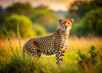 Naklejka premium Stunning Cheetah in Its Natural Habitat: A Majestic Banner Photo Capturing the Speed and Grace of Nature’s Fastest Land Animal in Vibrant African Scenery