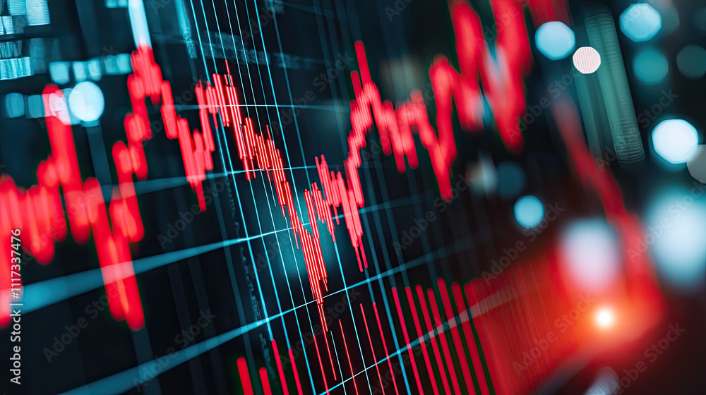 Poster abstract financial data visualization with fluctuating stock market graph lines.