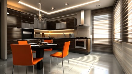 Modern kitchen and dining area with dark wood cabinets, orange chairs, and a large window.