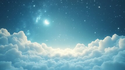 Night sky above fluffy clouds.