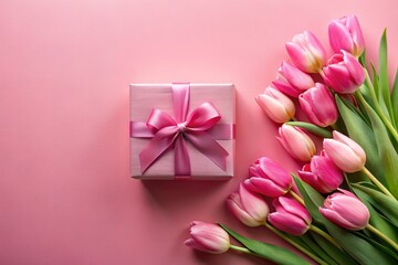 Fototapeta premium Stylish Pink Gift Box with Ribbon and Bouquet of Tulips on Pastel Pink Background for Mother's Day Celebration, Copy Space for Personal Messages and Greetings