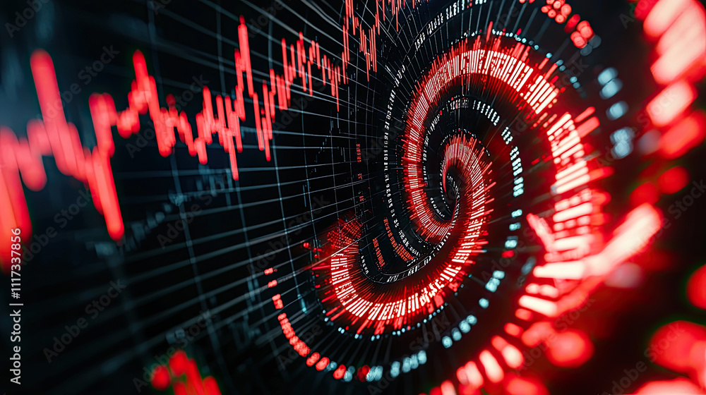 Poster abstract visual of data spiraling with red and black tones for technological themes.